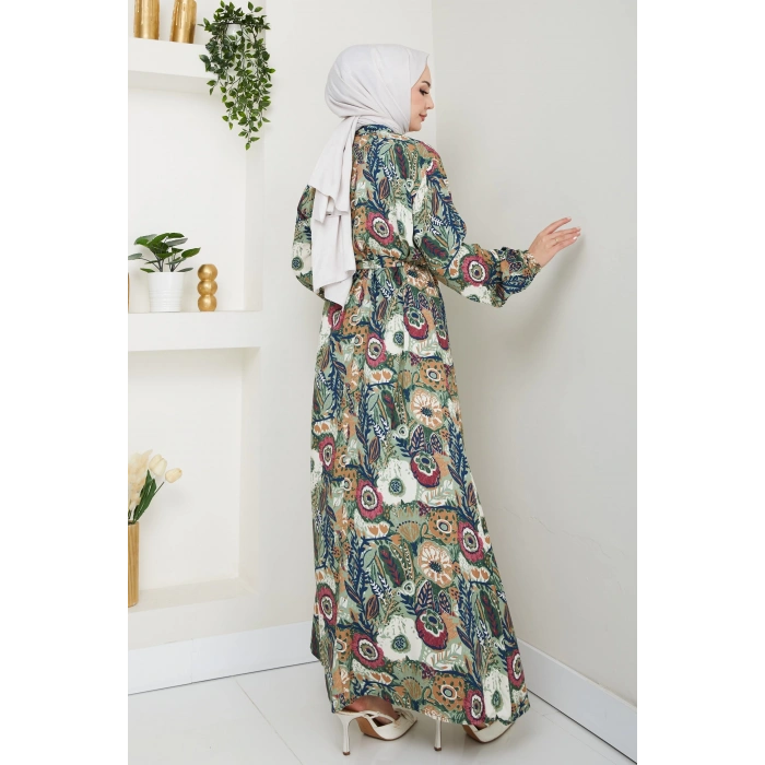 Renkli Çiçek Desenli Kuşaklı Elbise Yeşil