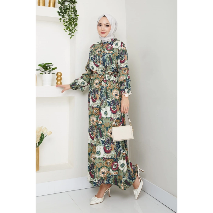 Renkli Çiçek Desenli Kuşaklı Elbise Yeşil