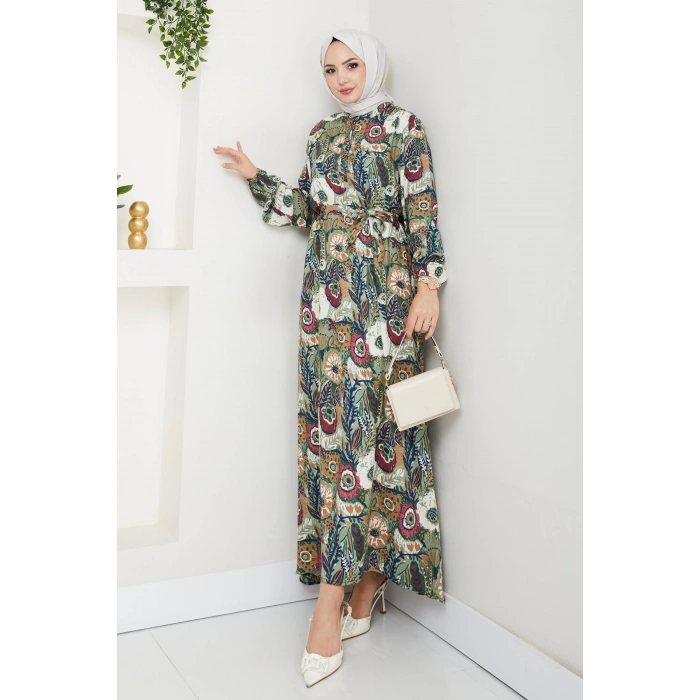 Renkli Çiçek Desenli Kuşaklı Elbise Yeşil