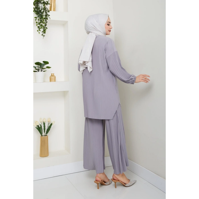 Sandy Piliseli Pantolonlu İkili Takım Gri