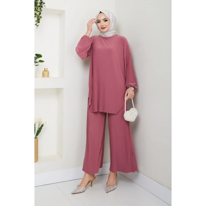 Sandy Piliseli Pantolonlu İkili Takım Pudra