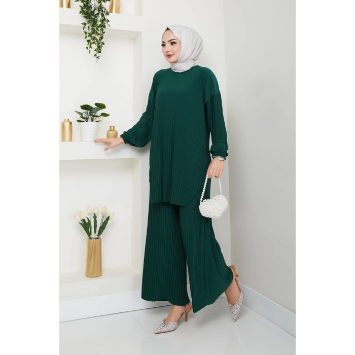 Sandy Piliseli Pantolonlu İkili Takım Zümrüt