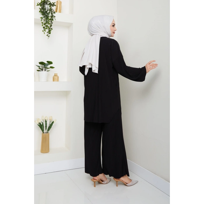 Sandy Piliseli Pantolonlu İkili Takım Siyah