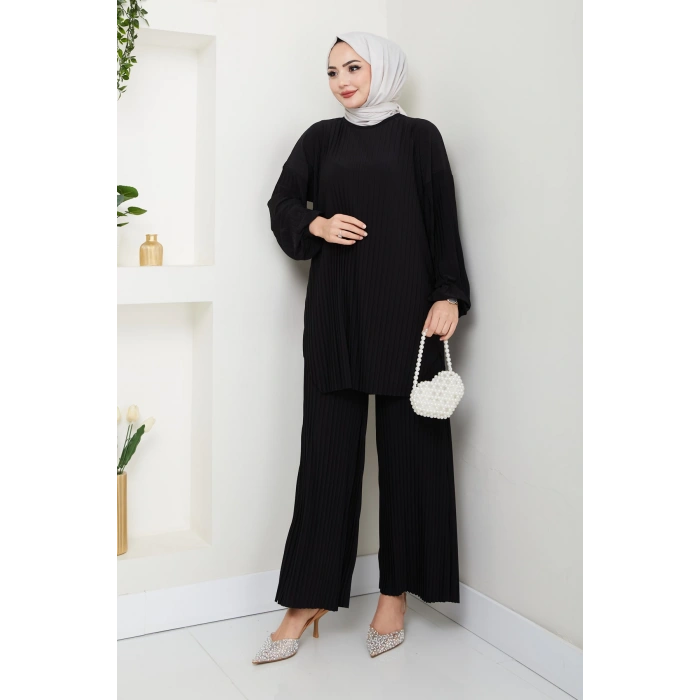 Sandy Piliseli Pantolonlu İkili Takım Siyah
