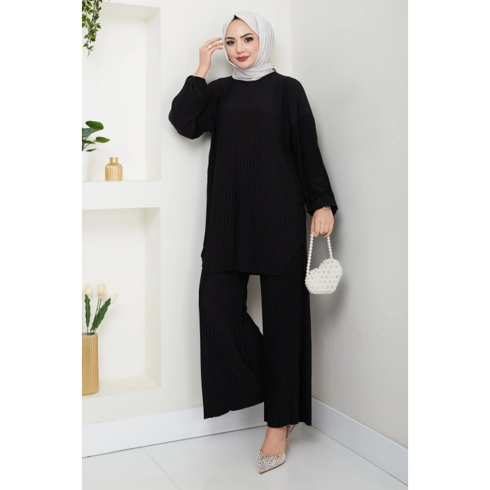 Sandy Piliseli Pantolonlu İkili Takım Siyah