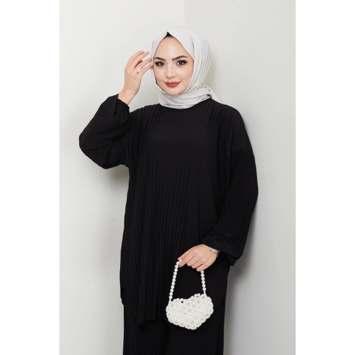 Sandy Piliseli Pantolonlu İkili Takım Siyah