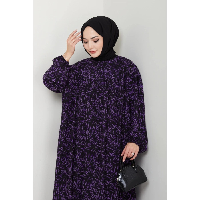 Şık ve Rahat Robalı Büyük Beden Viskon Anne Elbisesi Mor