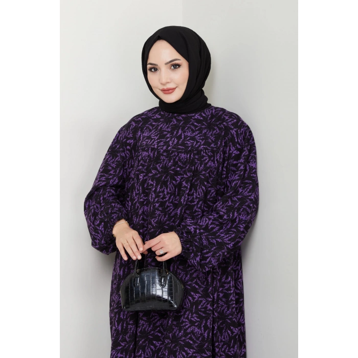 Şık ve Rahat Robalı Büyük Beden Viskon Anne Elbisesi Mor