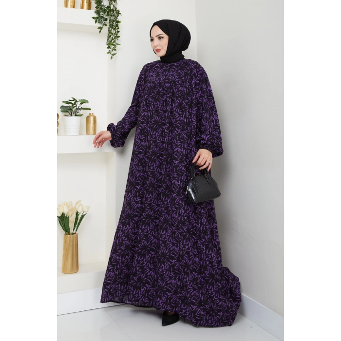 Şık ve Rahat Robalı Büyük Beden Viskon Anne Elbisesi Mor