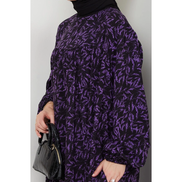 Şık ve Rahat Robalı Büyük Beden Viskon Anne Elbisesi Mor