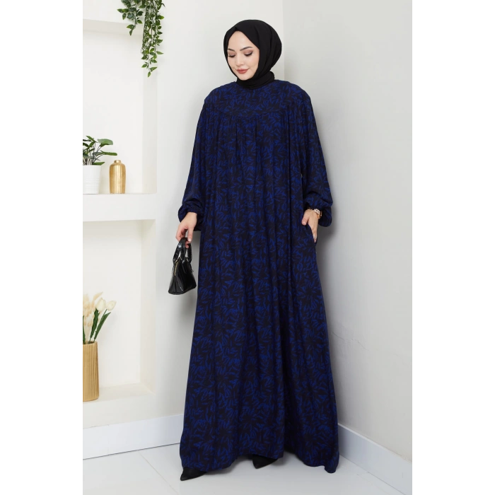 Şık ve Rahat Robalı Büyük Beden Viskon Anne Elbisesi Mavi