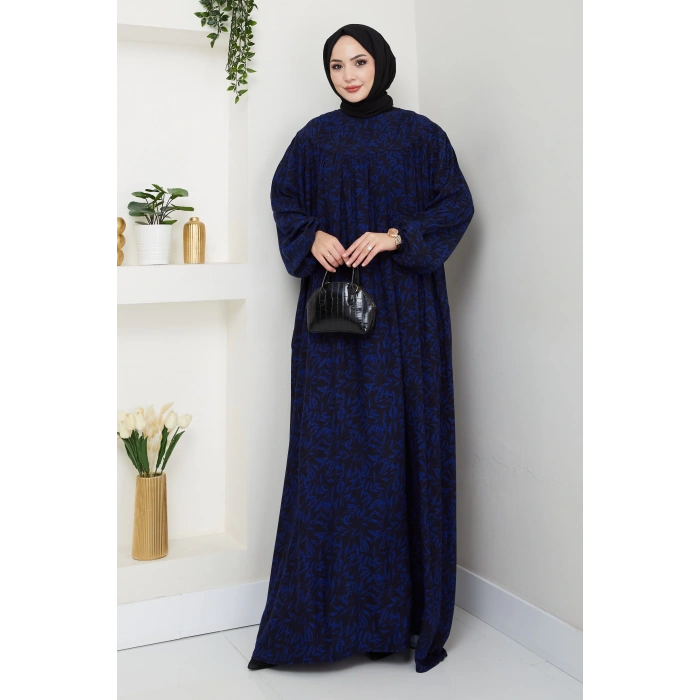 Şık ve Rahat Robalı Büyük Beden Viskon Anne Elbisesi Mavi