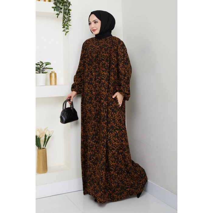 Şık ve Rahat Robalı Büyük Beden Viskon Anne Elbisesi Turuncu