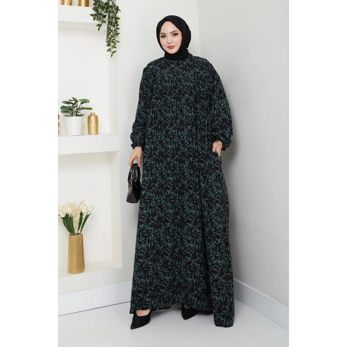 Şık ve Rahat Robalı Büyük Beden Viskon Anne Elbisesi Yeşil