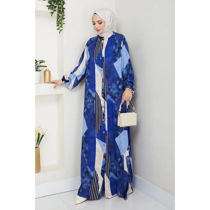 Viskon Boydan Düğmeli Elbise Mavi Beyaz