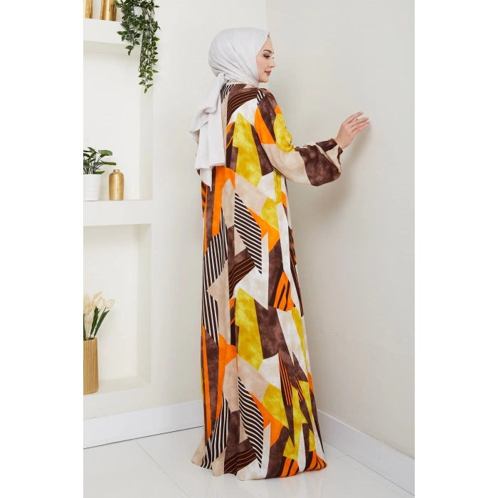 Viskon Boydan Düğmeli Elbise Turuncu kahve