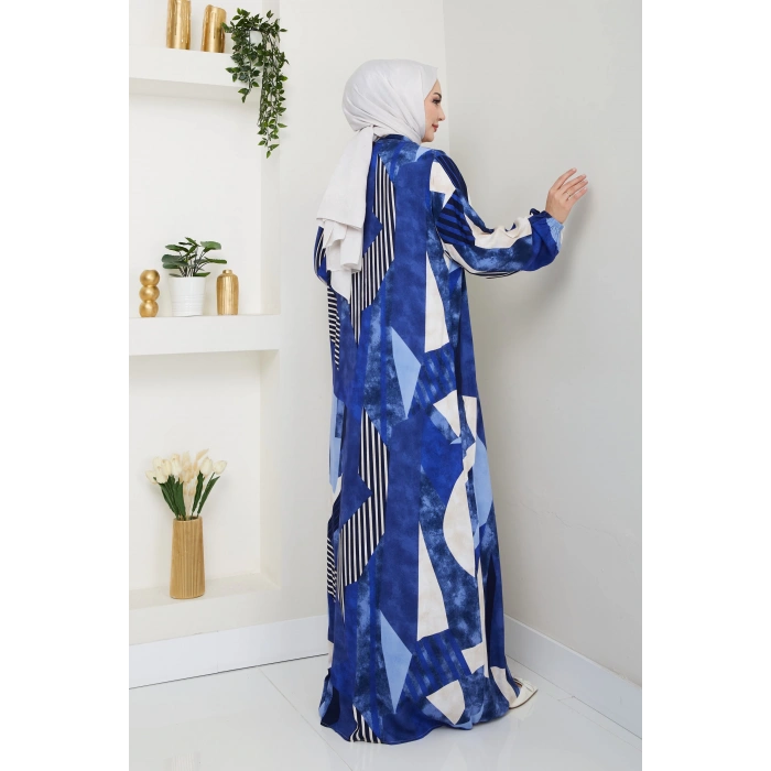 Viskon Boydan Düğmeli Elbise Mavi Beyaz