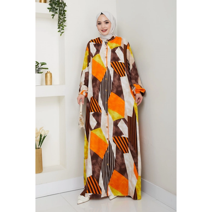 Viskon Boydan Düğmeli Elbise Turuncu kahve