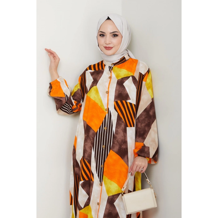 Viskon Boydan Düğmeli Elbise Turuncu kahve