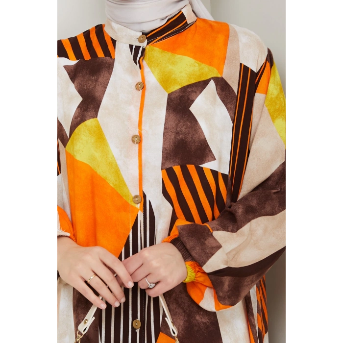 Viskon Boydan Düğmeli Elbise Turuncu kahve