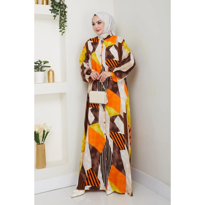 Viskon Boydan Düğmeli Elbise Turuncu kahve