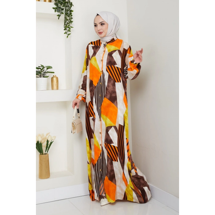 Viskon Boydan Düğmeli Elbise Turuncu kahve