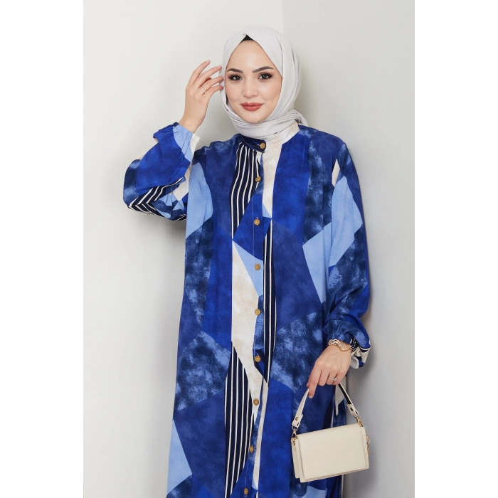 Viskon Boydan Düğmeli Elbise Mavi Beyaz