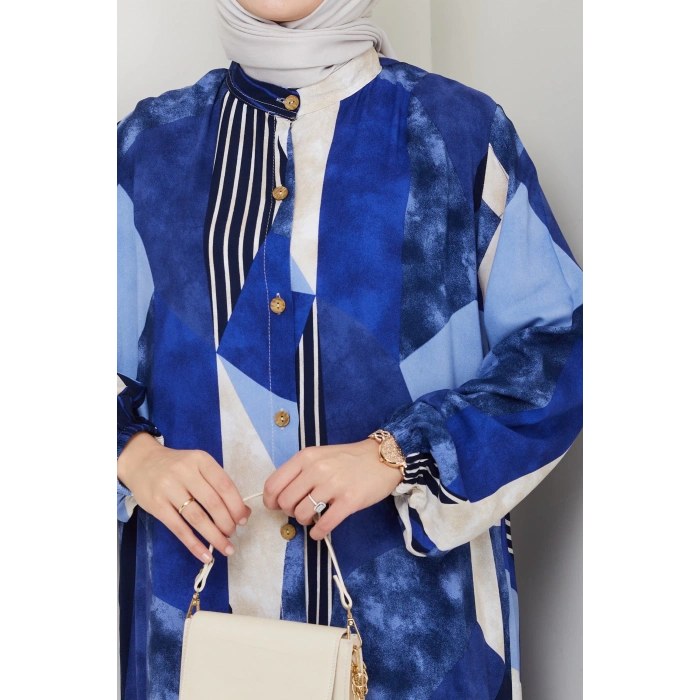 Viskon Boydan Düğmeli Elbise Mavi Beyaz