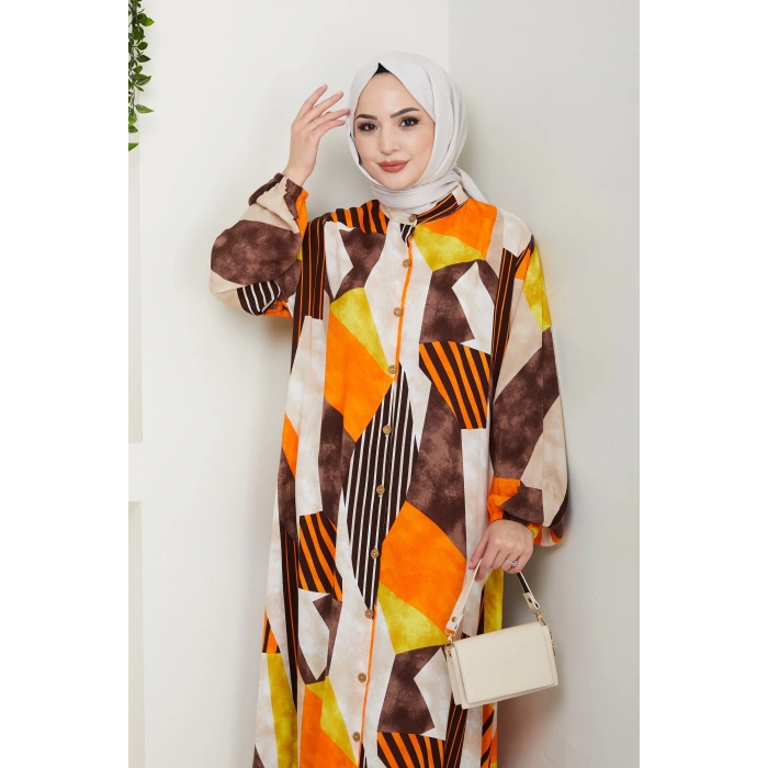 Viskon Boydan Düğmeli Elbise Turuncu kahve