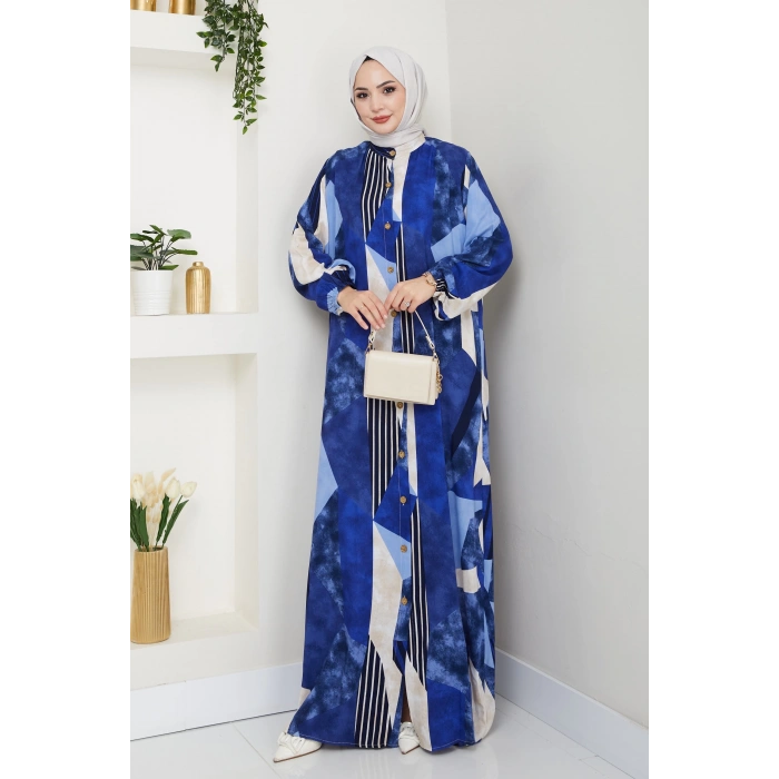 Viskon Boydan Düğmeli Elbise Mavi Beyaz