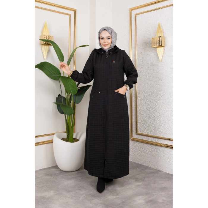 Yeni Sezon Kapüşonlu Kapitone Siyah Kap