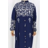 Boydan Düğmeli Etnik Desen Elbise Lacivert