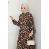 Fırça Desen Yarım Düğmeli Elbise Kahve