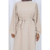 Ponpon Detaylı Kuşaklı Elbise Bej