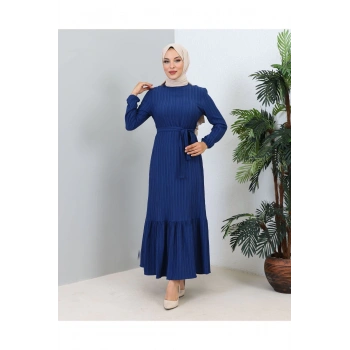 Lara Kuşaklı Elbise İndigo