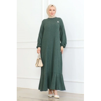 Broş Detaylı Karin Elbise yeşil