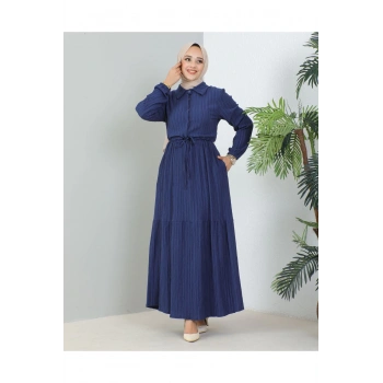 Lara Yarım Düğmeli Gömlek Yaka Elbise