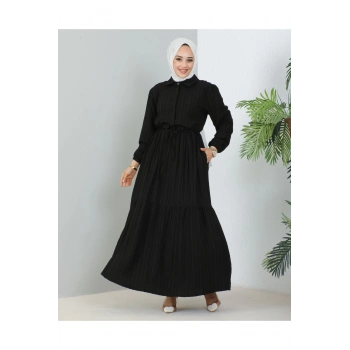 Lara Yarım Düğmeli Gömlek Yaka Elbise