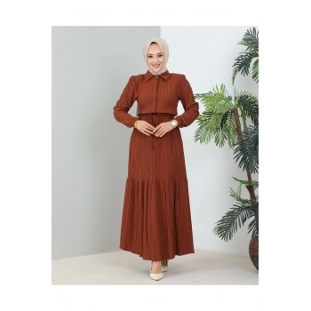 Lara Yarım Düğmeli Gömlek Yaka Elbise