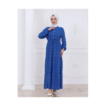 Çiçek Desen Düğmeli Elbise