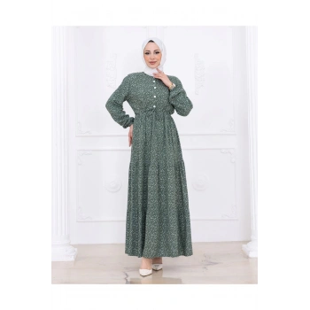 Çiçek Desen Düğmeli Elbise