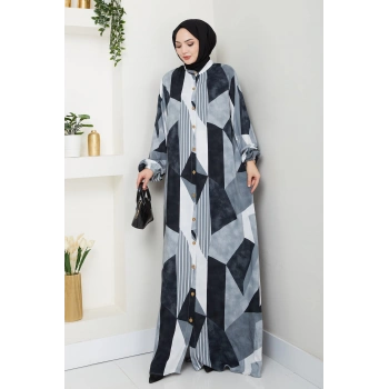 Viskon Boydan Düğmeli Elbise gri siyah