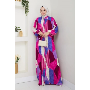 Viskon Boydan Düğmeli Elbise Pembe