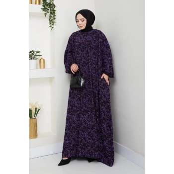 Şık ve Rahat Robalı Büyük Beden Viskon Anne Elbisesi Mor