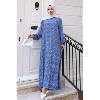Çiçek Desen Viskon Elbise Mavi