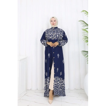 Boydan Düğmeli Etnik Desen Elbise Lacivert