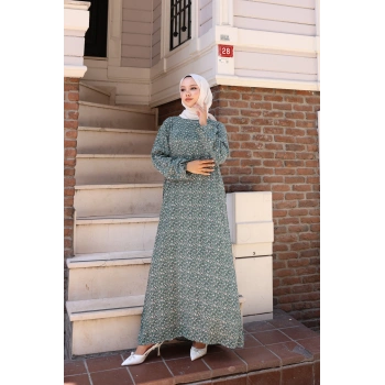 Çiçek Desen Viskon Elbise Yeşil