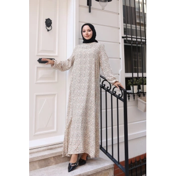Çiçek Desen Viskon Elbise Bej