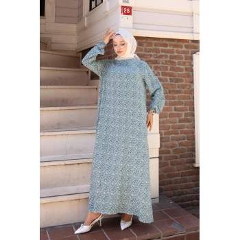 Çiçek Desen Viskon Elbise turkuaz