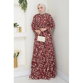 Fırça Desen Yarım Düğmeli Elbise Kırmızı